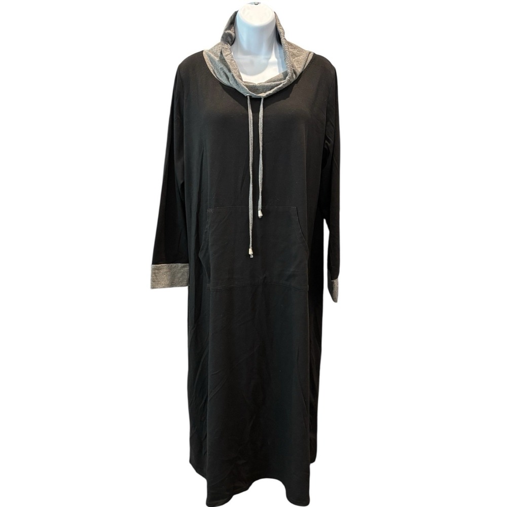 Ekouaer‎ Nightgown Dress Large Black Gray Long Sleeve Cowl Neck Lounge Pajama